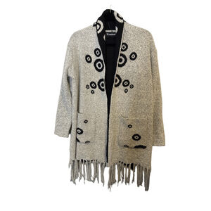 Creation Gray Black Circle Pattern Fringe Hem Cardigan Size L Open Front Wool Bl